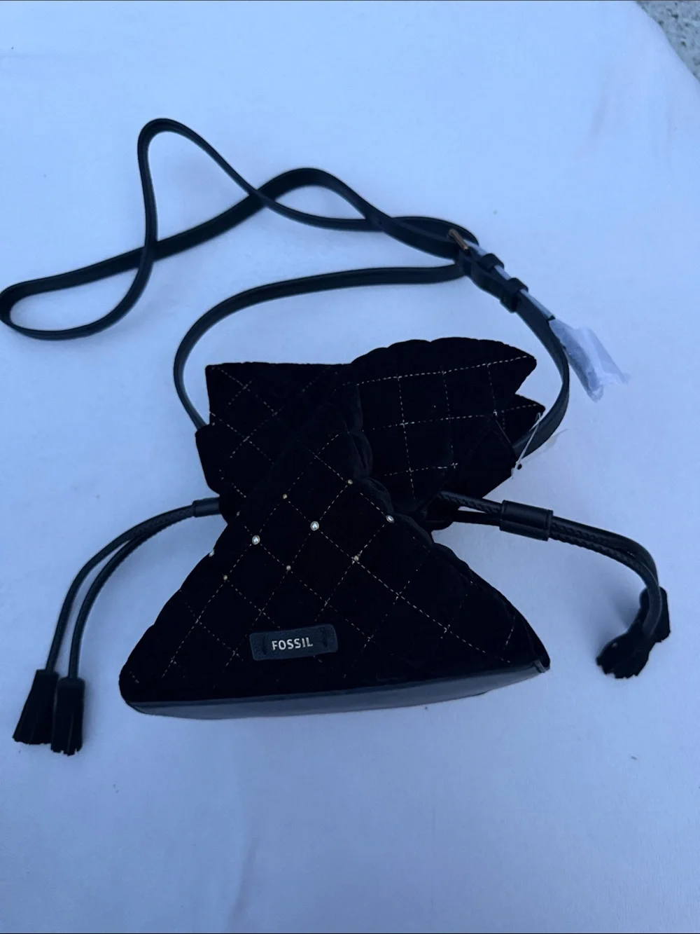 Fossil Black Quilted Velvet Crossbody with Stud Accents
